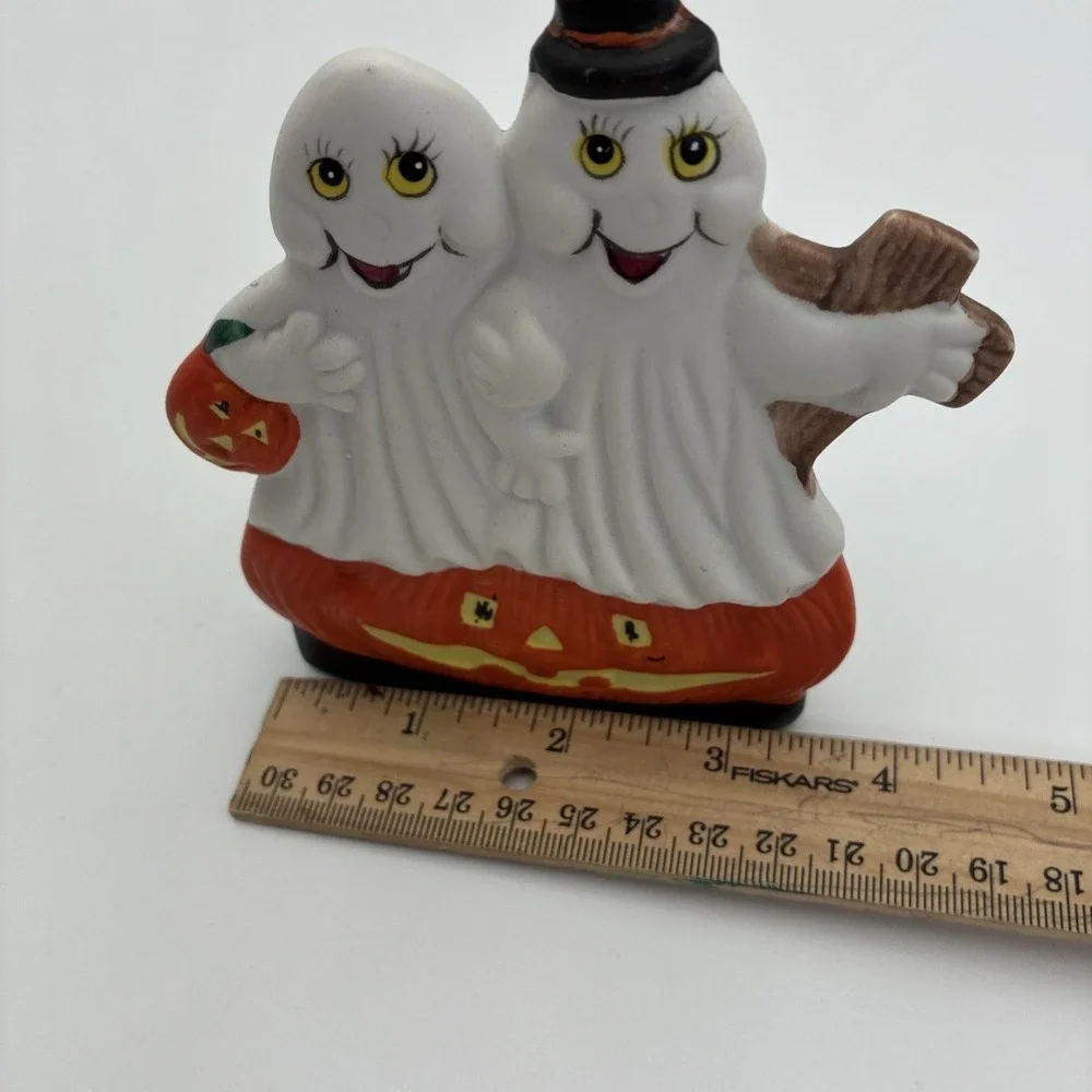 Halloween Ghost Couple Jack-O-Lantern Ceramic Tea Light Candle Holder Figurine